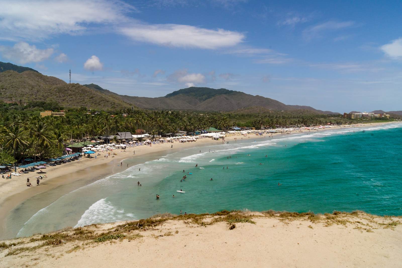 Playa Parguito vista desde lo alto, con arena clara, olas y montañas al fondo